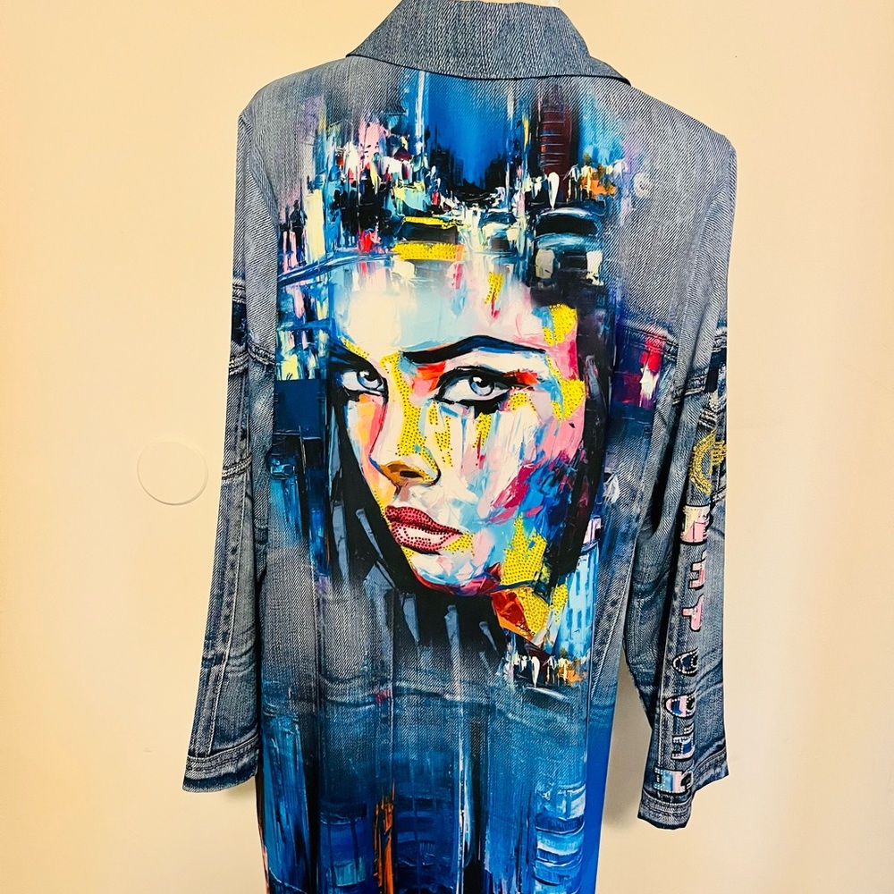 Unique Denim Long Shirt with Vibrant Cityscape Design